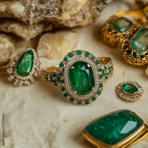 Luxury emerald jewelry set, gold rings and pendant with green gemstones and diamonds on mineral background, glamorous fashion accessories, copy space