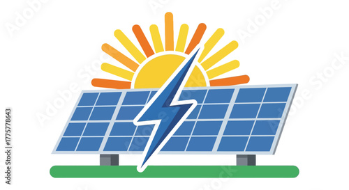 Solar panel harnessing sunlight with a lightning bolt representing energy