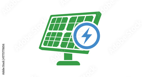 Green solar panel with a blue lightning bolt symbol for energy