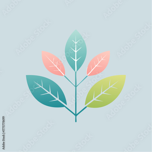 Minimalist illustration of a branch with green blue and pink leaves on a muted blue background with soft gradient lighting