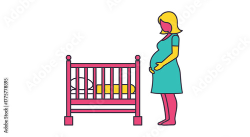 Pregnant woman standing near a baby crib expecting new motherhood joyfully