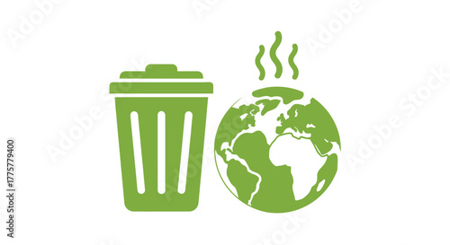 A green trash can next to a world globe with rising smoke