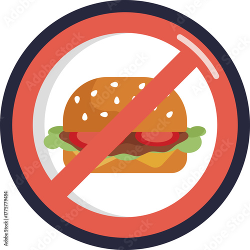 Icon showing a prohibition sign over fast food items, indicating restrictions or warnings against consuming junk food.