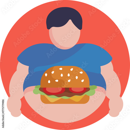 Depicts a large hamburger symbolizing high-calorie fast food linked to obesity.