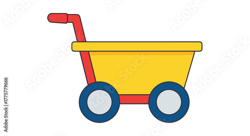 Simple cartoon illustration of a yellow shopping cart with red handle