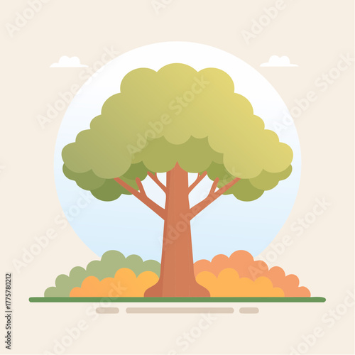 Stylized illustration of a large deciduous tree with a full green canopy set against a pale blue sky and soft clouds with a muted orange and green shrubbery base on a flat cream background