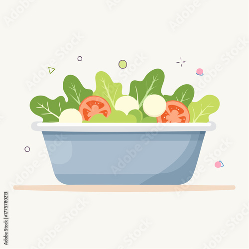 Fresh Healthy Salad Bowl With Lettuce Tomatoes And Mozzarella Cheese In A Light Blue Bowl On A Pale Yellow Surface With Small Colorful Shapes Floating Around