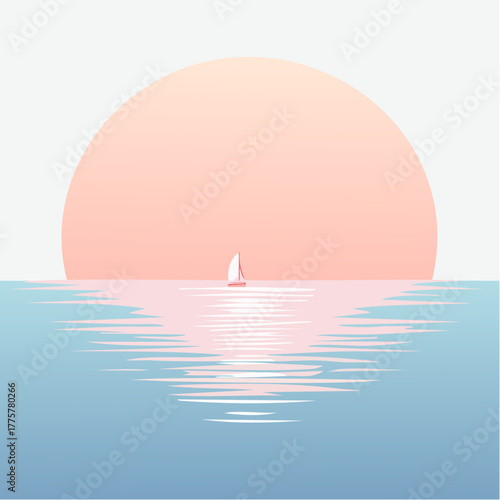 Serene sailboat glides across calm ocean reflecting soft pastel sunrise sky vibrant colors creating peaceful atmosphere over water