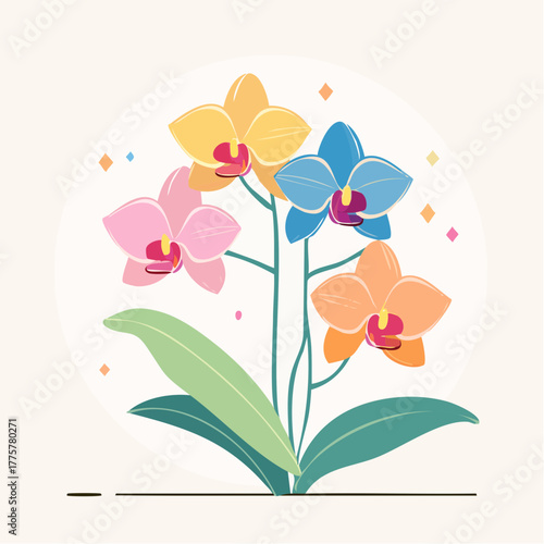 Close up of a flowering orchid plant with multiple blooms in pastel pink yellow blue and orange against a light cream circular background with subtle sparkling details
