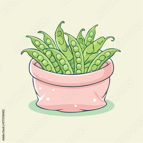 Pixel Art Illustration Of Fresh Green Peas In A Pink Bag With White Polka Dots On A Pale Yellow Background