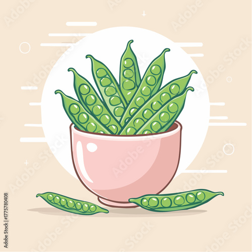 Pixel Art Bowl Overflowing With Fresh Green Peas Amidst Minimalist Abstract Lines and Circles on Beige Background