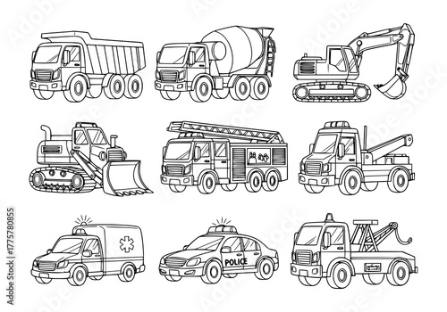 Variety of construction and emergency vehicles illustration for kids coloring book page, creative drawing, educational activity, and fun time learning