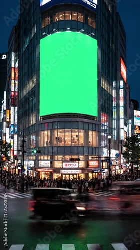 Green Screen large billboard with a for advertising on the modern building busy crossroad neon lights traffic crowd tokyo japan scene 3 distortion, overlay, glitch, static noise, scan lines black