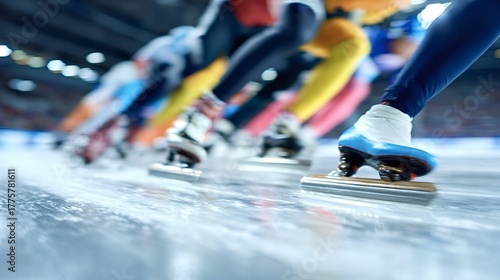Speed skaters propelling across the ice rink, feet and blades blurred with motion, creating a dynamic sense of speed and intense competition in a winter sport