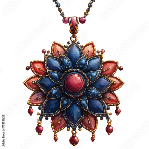 watercolor of Mandala Necklace, vector, isolated on a white background.