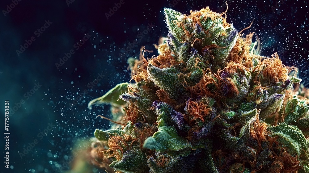 Fototapeta premium Cannabis bud showing abundant frosty trichomes and vibrant orange pistils, highlighting the plant's potent cannabinoids and terpenes for medicinal or recreational use
