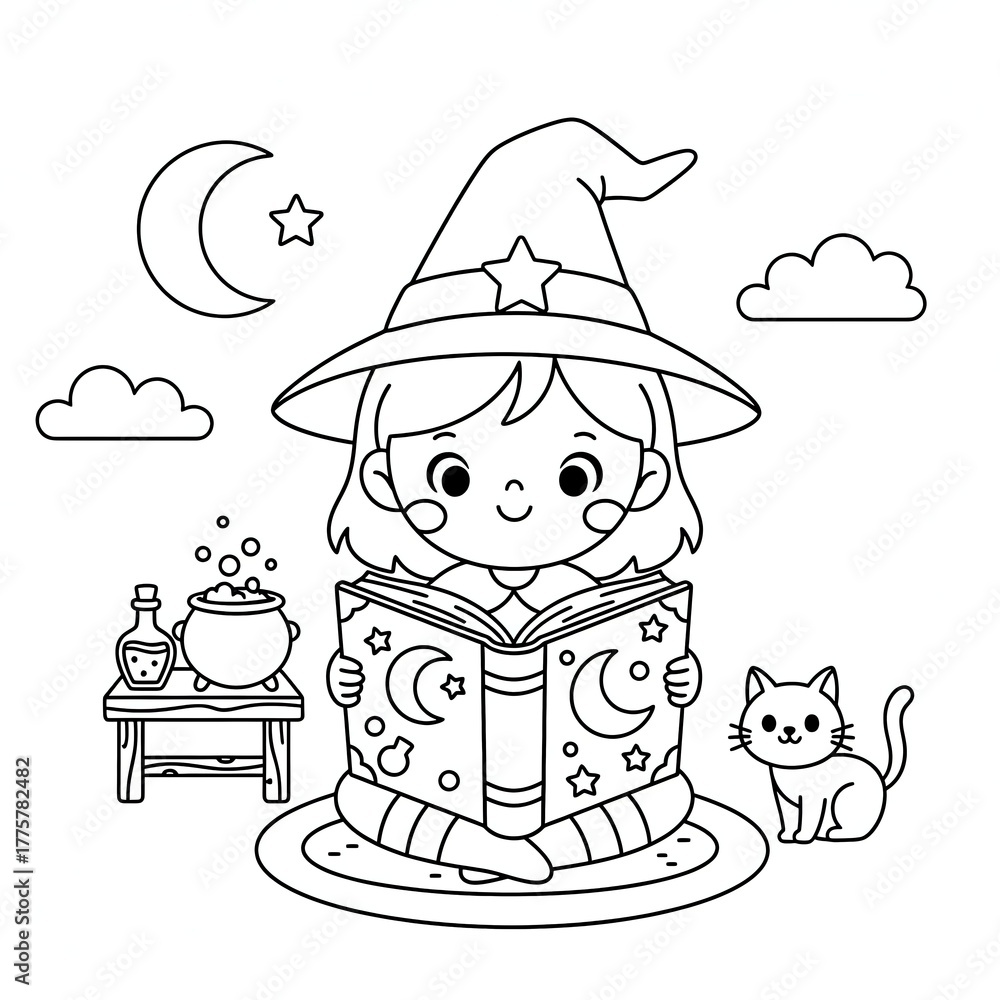 Naklejka premium A cartoon witch reads a book with a cat cauldron and celestial elements