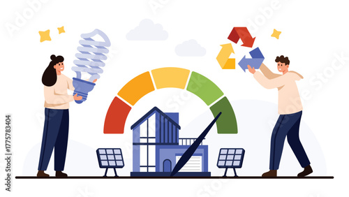 Modern eco house with solar panels, energy efficiency meter, LED bulb, and recycling symbols highlights sustainable living and energy saving solutions isolated on white background vector illustration