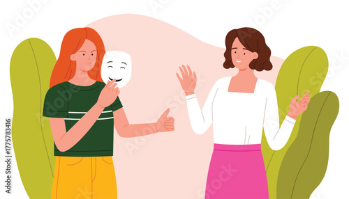 Two women interact, one hiding envy behind a smiling mask, illustrating fake friendship and concealed emotions, concept of jealousy and social relationships vector illustration