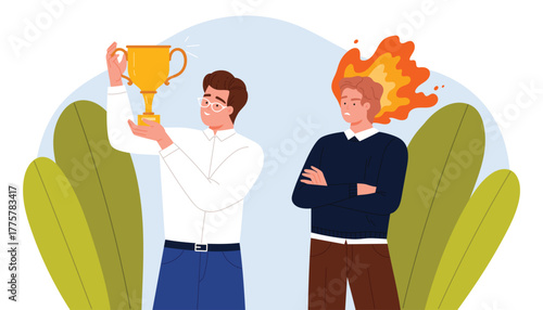 Two men, one holding a trophy in celebration while the other looks on with envy and fiery anger, representing jealousy of achievement, vector illustration