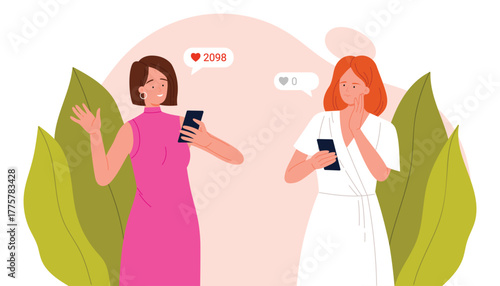 Two women compare social media likes, one happy with high popularity, the other envious with zero likes, highlighting online comparison and emotions, vector illustration