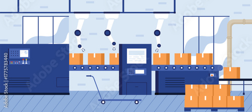 Automated factory interior featuring robotic arms, conveyor belt, and cardboard boxes in a clean industrial setting for manufacturing and logistics concepts vector illustration
