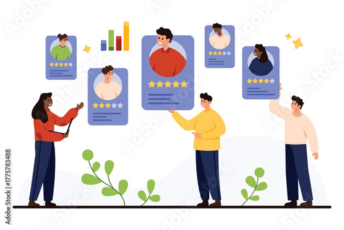 Human resources professionals reviewing candidate profiles and performance ratings for recruitment, talent management, and employee evaluation process, isolated on white background vector illustration