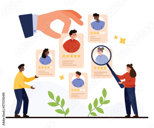 Human resources professionals evaluating candidate profiles, rating employees, and selecting the best worker for a job role, isolated on white background vector illustration