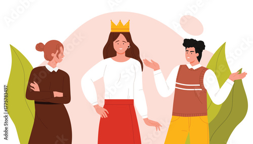 Three people interact, one woman wearing a crown while another looks jealous and a man gestures, representing envy and social dynamics, vector illustration