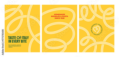 Abstract Line Pasta Pattern. Spaghetti Food Background. Wave Line Yellow Noodles. Italian Pasta Vector Posters.