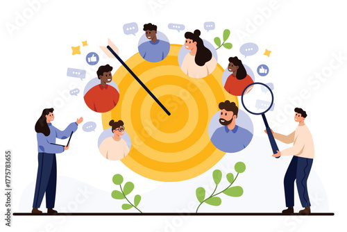 Business people analyzing target audience with a dartboard, diverse user profiles, and social media icons, representing marketing strategy and customer research vector illustration