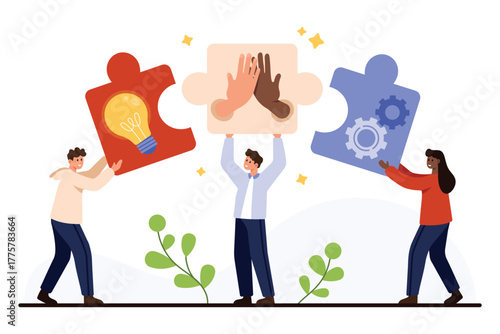 Diverse team assembling puzzle pieces with lightbulb, gears, and hands, symbolizing creative collaboration, problem solving, and unity, isolated on white background vector illustration