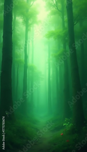 Sunlight filtering through lush green forest canopy creating a magical atmosphere