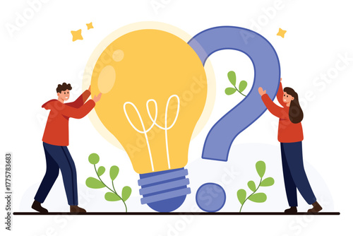 Two people collaborate with a giant lightbulb and question mark, representing creative problem solving, innovation, and critical thinking skills, isolated on white background vector illustration