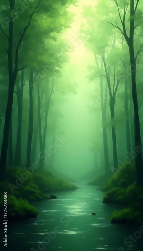 Mystical green forest with a serene stream and sunbeams