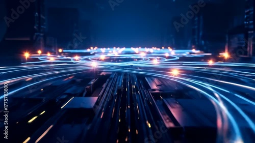 Futuristic digital landscape with glowing lines and lights in a tech environment