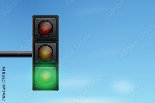 Traffic Light on Blue Sky Background. Red Yellow Green Traffic Light Signal. Stoplight Traffic Light. Signal for City Street, Transport Safety, Intersection Control, Driving Rules