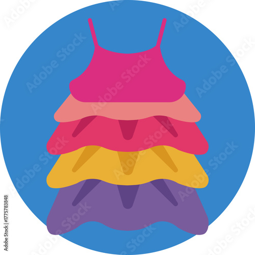 A bright, colorful summer dress with multiple shades and patterns.