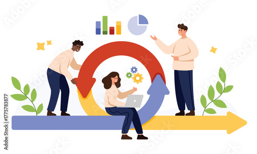 Agile methodology concept showing diverse team collaboration, iterative workflow, and project management with charts, gears, and arrows, isolated on white background vector illustration