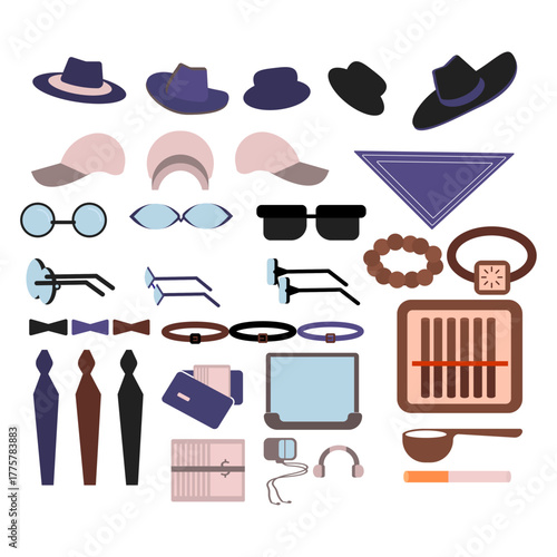 Flat design concept of various personal and fashion accessories for daily modern lifestyle needs and styles