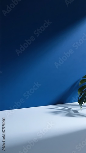 Lone evergreen tree casts a long shadow on a snowy landscape under a deep blue sky