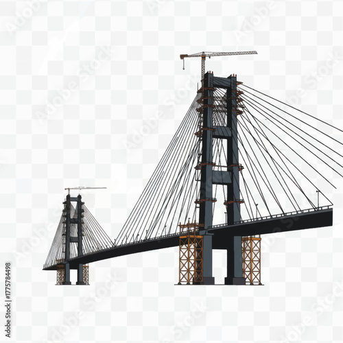 Massive cable stayed bridge under construction isolated on transparent background.