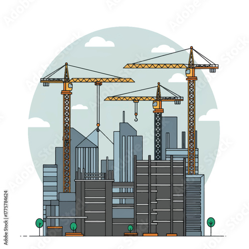 City construction site with multiple tower cranes building skyscrapers.