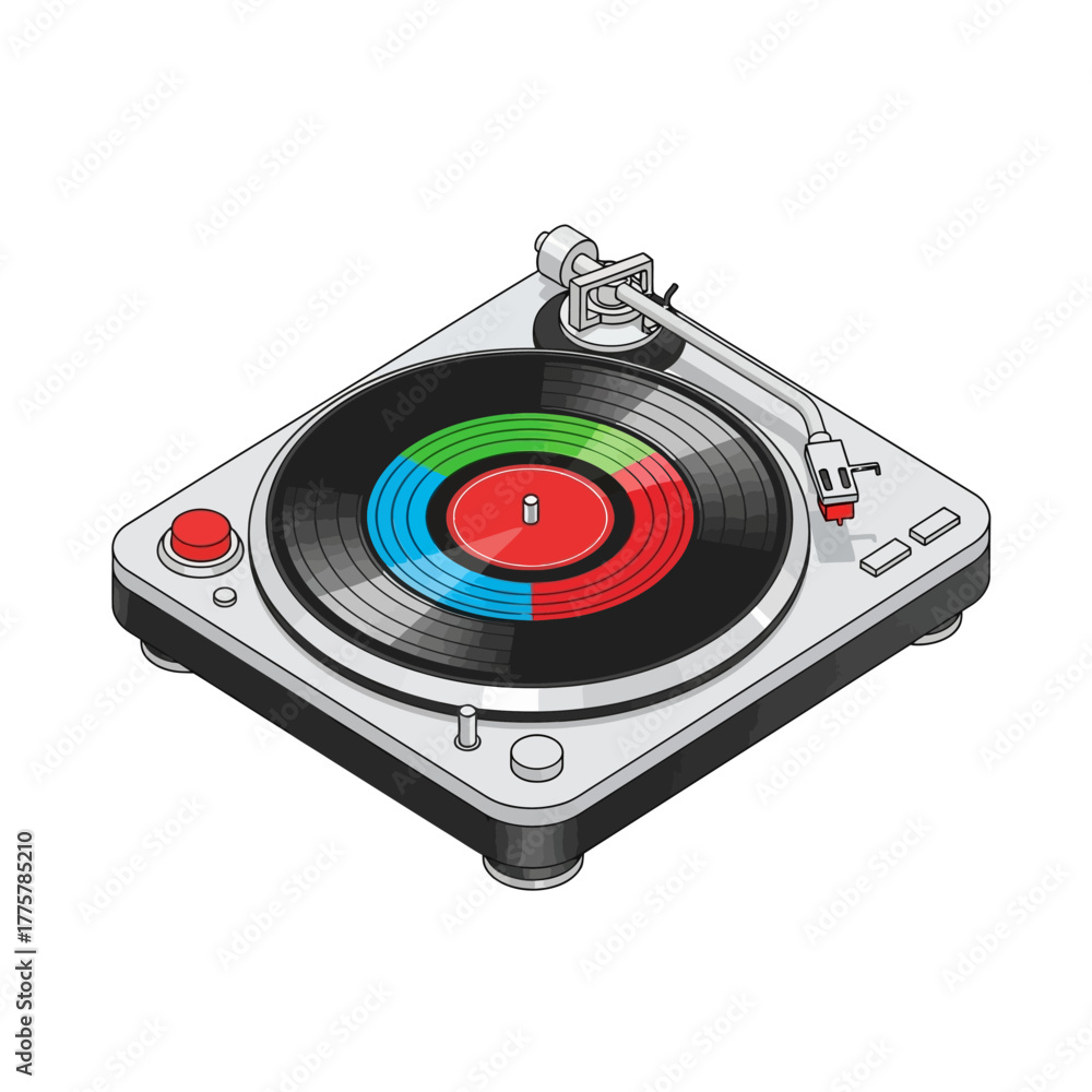 Fototapeta premium Modern Isometric Vector Illustration of Turntable with Red Button and Colored Vinyl Indicators