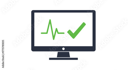 Computer monitor displaying a green heartbeat signal and checkmark icon