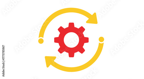 Red gear surrounded by yellow arrows indicating a continuous process cycle