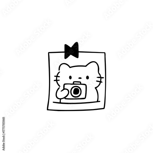 Cat photo holding camera, black lines, attached via bow