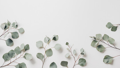 Minimalist botanical background with fresh eucalyptus branches - soft green foliage scattered on a clean white surface, conveying tranquility and natural elegance