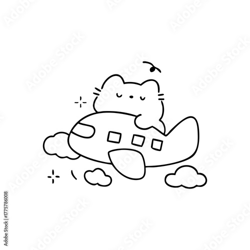 Cat naps on a cartoon plane amid clouds