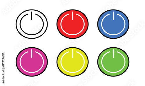 Vector illustration of a collection of power button icons: on/off, shutdown, power off, with a flat design for applications, websites, posters, banners, and stickers.
